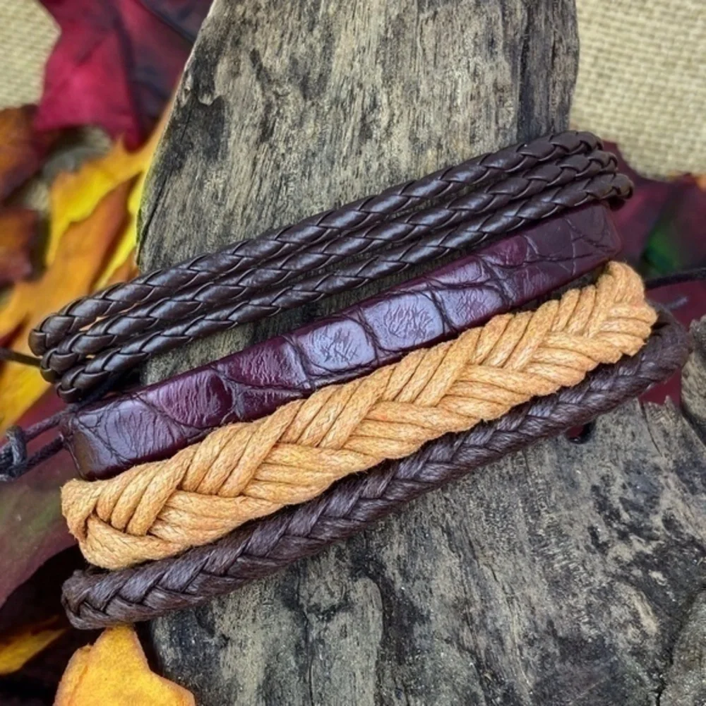 Mens Bracelets Bundle 4 Piece Adjustable Size Leather and Hemp Bracelets